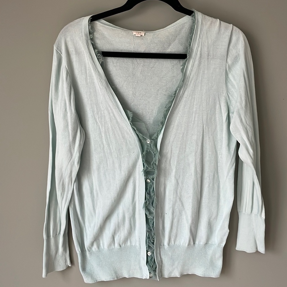 J.Crew women’s XL light turquoise cardigan with chiffon ruffle